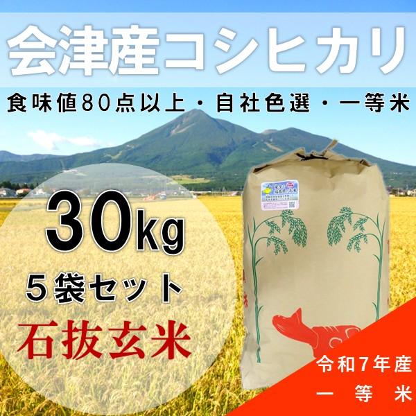まとめ買い特価  令和７年産 30kg玄米 5袋 会津産 コシヒカリ 一等米 石抜色選（産地直送・送...