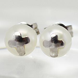 半額以下/K14WG ホワイトゴールド 14金/淡水パール クロスピアス スタッド式 両耳 刻印入り...