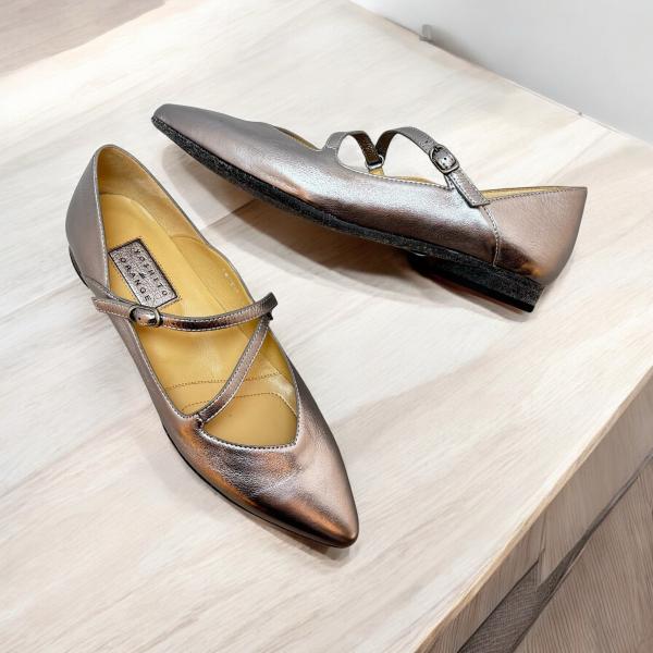 YOSHITO ヨシト ストラップ シューズ フラット パンプス メタリック 本革 靴 1636m ...