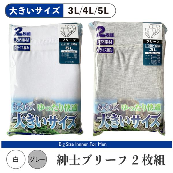 (メール便対応・・2セットまで)大きいサイズ 紳士 ブリーフ 2枚組 3L 4L 5L 白/グレー ...