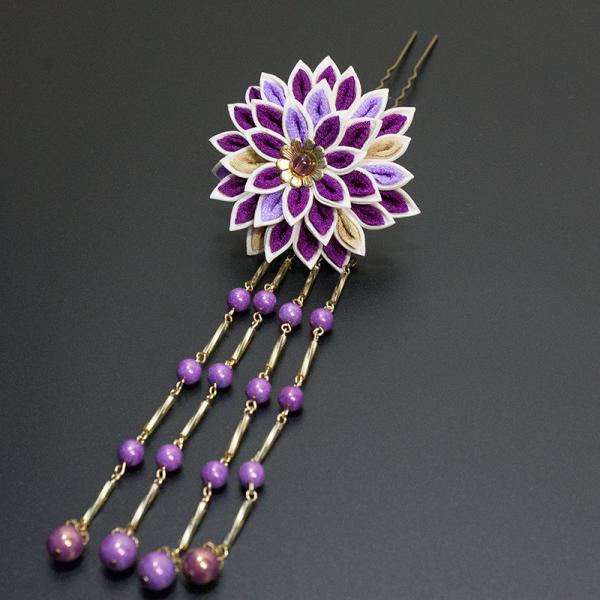 ykz-0087つまみ細工 二重菊花のかんざし 紫色・キナリ／ヘアアクセサリー つまみかんざし 成人...