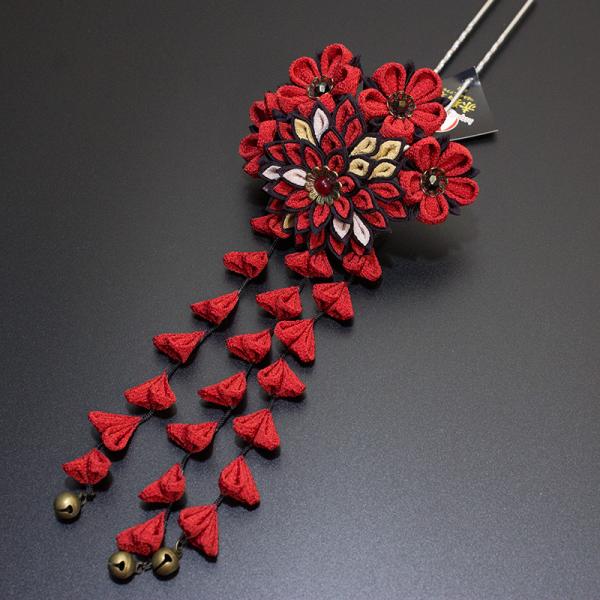 ykz-0088つまみ細工 菊花と小花の花束かんざし 赤系1／ヘアアクセサリー／つまみかんざし／成人...