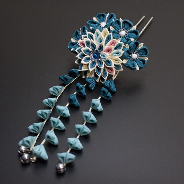 ykz-0089つまみ細工 菊花と小花の花束かんざし 青系1／ヘアアクセサリー／つまみかんざし／成人...