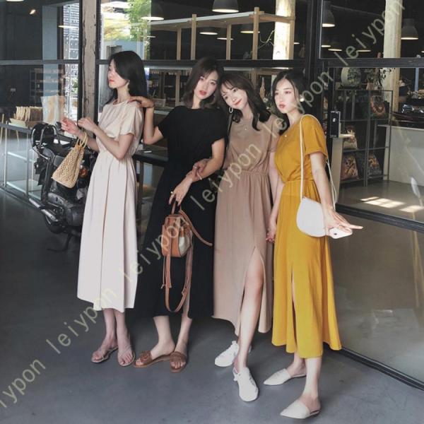 ワンピースドレス Tシャツワンピース 春 夏 レディース ワンピース 丸首 シンプル ロングワンピー...