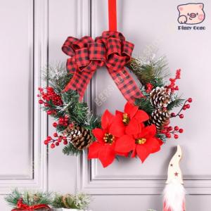 クリスマスリース クリスマス花輪 ドア 玄関 壁飾り 松かさ 鮮やかな赤い花 オーナメント デラックスリース かわいい ドア 飾り ナチュラルリース
