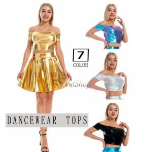オフショルダース ダンス衣装メタリック レディース ダンスウェア 光沢ショート丈 ジャズ コスプレ半袖コスチューム演出服 ハロウィン クラブ銀