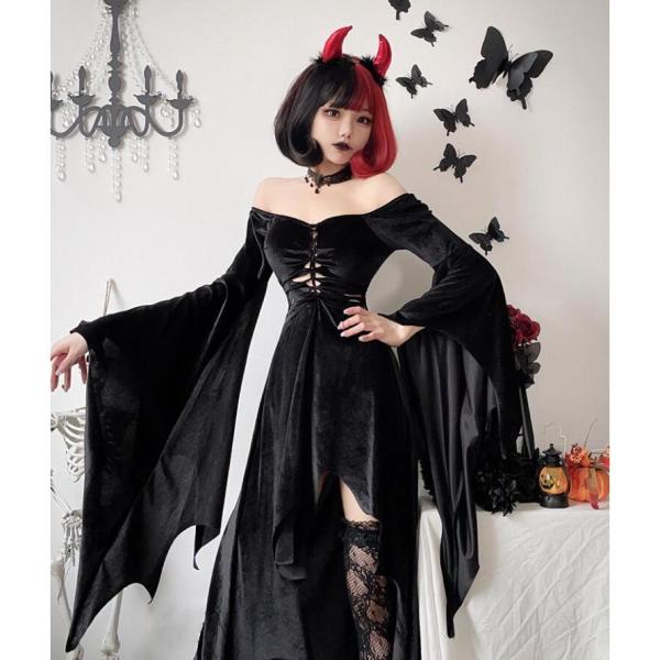ハロウィンコスプレ衣装　レディース　死神ドレス　悪魔 魔女 万聖節 バンパイア 吸血鬼　フレア袖　イ...
