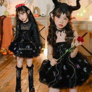 女の子 ハロウィン衣装 子供 コスプレ 魔女 デビル 黒 おもしろ ハロウィン 仮装 小学生 中学生 コスプレ ワンピース パニエ付き ブラック