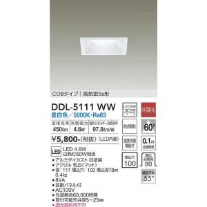 DDL-5111WW ダウンライト(軒下兼用) (□100・白熱灯60W相当) LED 4.6W 昼白色 大光電機 (DDS) 照明器具｜akariyasan