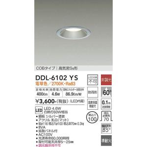 DDL-6102YS ダウンライト(軒下兼用) (φ100・白熱灯60W相当) LED 4.6W 電球色 大光電機 (DDS) 照明器具｜akariyasan
