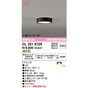 OL251872R 人感センサ付小型シーリングライト  (白熱灯60Wクラス) LED（温白色） オーデリック(ODX) 照明器具｜akariyasan