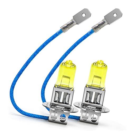 Ruiandsion 2個 H3 ハロゲンヘッドライトバルブフォグランプ100W 12V イエロー ...