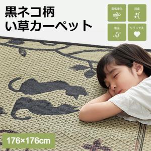 い草ラグ ラグ カーペット 2畳 正方形 かわいい 猫 ねこ 猫柄 夏用 ネコ 滑り止め 約176×176cm （裏:不織布）｜akaya