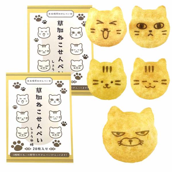猫 お菓子 ねこせんべい 醤油味 20枚入り 2箱セット ネコ 本場草加煎餅 国内産うるち米 猫の顔...