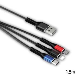 【メール便選択可】USB3.1 typeC+microUSB+iPhoneマルチメッシュケーブル 3in1 同時給電 高耐久