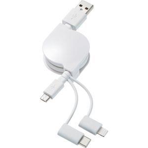 サンワサプライ KB-IPLTM08KW ライトニング Type-C microB巻取りUSB3in...