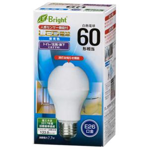 オーム電機 LED電球 E26 60形相当 人感センサー付 昼光色 06-3594 LDA8D-H ...