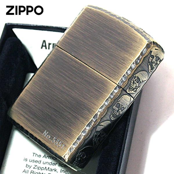 Zippo ジッポライター スカル ドクロ 骸骨 3面サイドデザイン アンテーク ブラス コーナーリ...