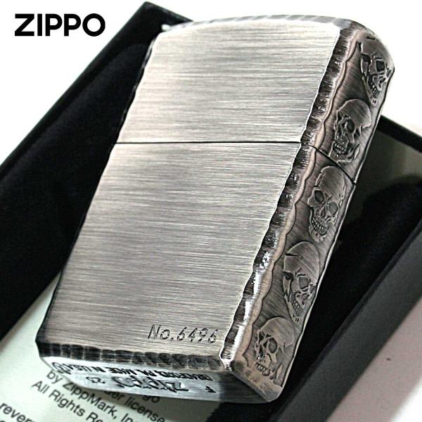 Zippo ジッポライター スカル ドクロ 骸骨 3面サイドデザイン アンテーク シルバー コーナー...