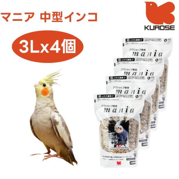 黒瀬ペットフード mania マニア 中型インコ 3Lx4個 小鳥 エサ 餌 フード インコ  皮付...