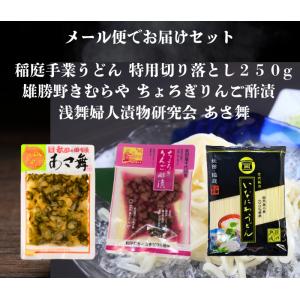 送料無料 浅舞婦人漬物研究会 あさ舞と雄勝野きむらやちょろぎりんご酢漬と稲庭手業うどん切り落とし２５０g セット メール便でお届けします
