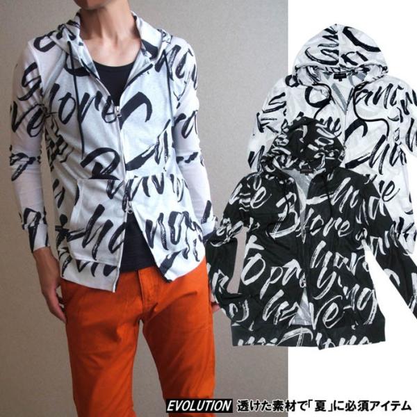プリントパーカー 英文字 プリント 総柄 ダブルジップ 透け 生地 長袖 ニットソー EVOLUTI...