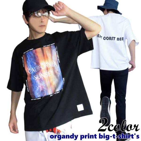 ビッグＴシャツ バックプリント オーガンジー 貼り付け フォトプリント 半袖Ｔシャツ ネット サーフ...
