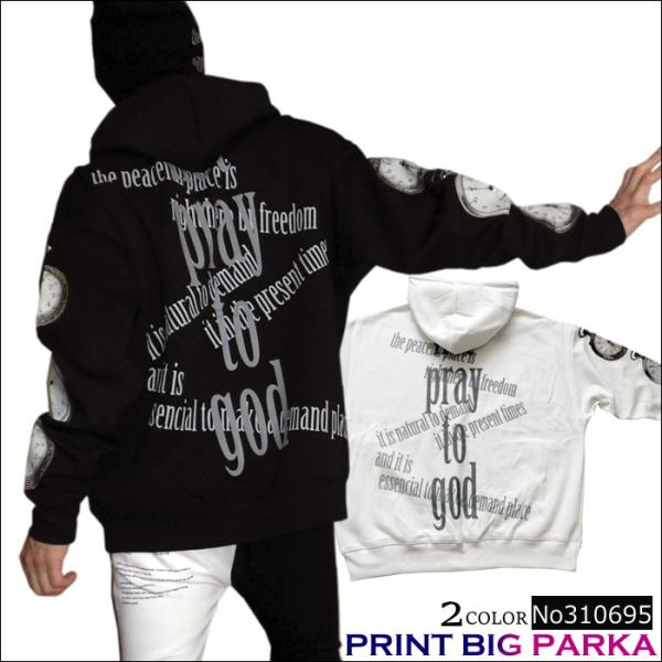 ビッグシルエット メンズ ビッグパーカー 袖 ウォッチプリント バックプリント 時計 ガールズフォト...