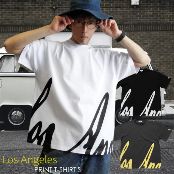 ビッグサイズ メンズ ロサンゼルス 英文字 裾ロゴ プリント 半袖Tシャツ BIG 袖ワンポイント ...
