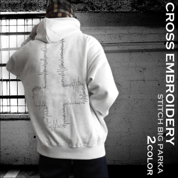 十字架 ビッグ スウェット パーカー クロス ステッチ ビッグサイズ 刺しゅう 逆さ十字架 裏起毛 ...