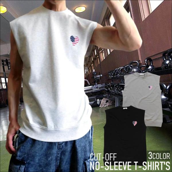 ノースリーブ メンズ Ｔシャツ ハートマーク 刺しゅう タンクトップ カットオフ ワンポイント シシ...