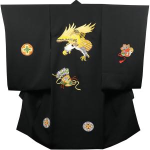 お宮参りの着物　男の子　一つ身 男の子のお宮参り産着 祝い着「黒 鷹、太鼓と車輪」熨斗目 の