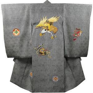 男の子のお宮参り産着 祝い着「黒地 兜の刺繍、松」正絹 日本製 熨斗目