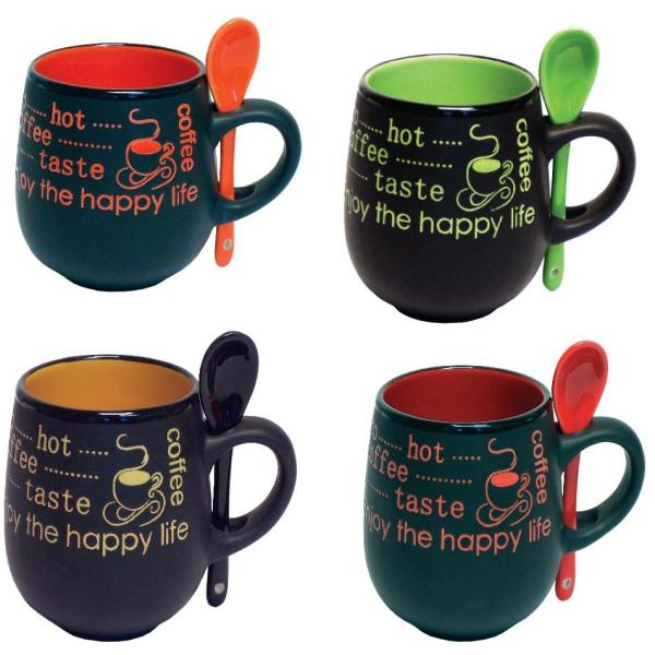 マグカップ 4点セット スプーン付 コップ コーヒーカップ ティーカップ レンジ可 食洗器可 約36...