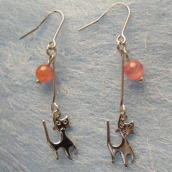 天然石 ピアス  インカローズ（ロードクロサイト）4mm丸玉 &amp; cats／キャット／猫／ねこちゃん...