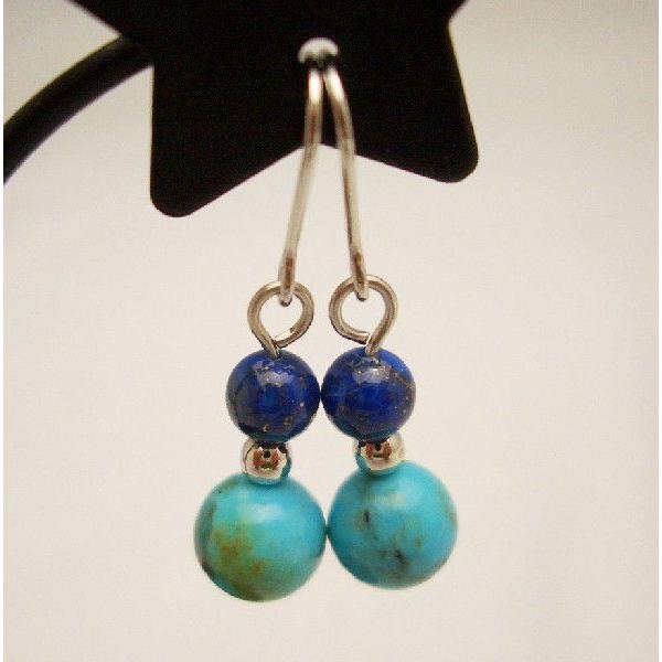天然石 ピアス トルコ石（ターコイズ）6mm＆ラピスラズリ黄鉄鉱入り4mm チタンフック／樹脂フック...