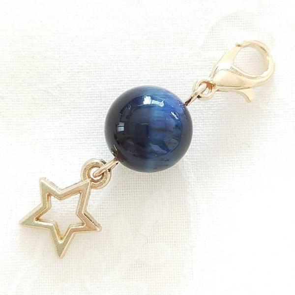 ブルー染めタイガーアイ 虎目石 スター星G カニカン付 天然石 チャーム パワーストーン バッグチャ...