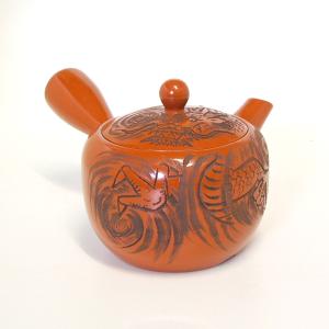 急須 新回転急須 国産 馬 朱泥 万古焼 彫 400cc ステンレス製の固定式