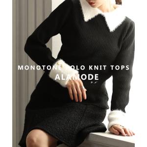 レディース トップス ニット ポロ 異素材 フェザー 装飾ボタン 長袖 スリム リブ ブラック 黒 大人可愛い 大人 可愛い 30代 40代 50代 60代 サワアラモード