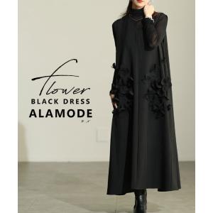 ワンピース レディース 花柄 立体 Vネック ロング Aライン レイヤード ポケット ブラック 黒 通年 大人可愛い 大人 可愛い 30代 40代 50代 60代 サワアラモード