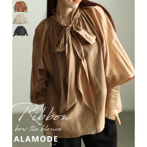 レディース トップス ブラウス プルオーバー リボンタイ ボウタイ ボリューム袖 シアー 長袖 大人可愛い 大人 可愛い 30代 40代 50代 60代 サワアラモード