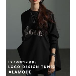 レディース チュニック トップス カットソー Tシャツ 黒 ブラック 長袖 ロゴ アニマル ラウンド裾 秋服 春 大人可愛い きれいめ 30代 40代 50代 女性 アラモード