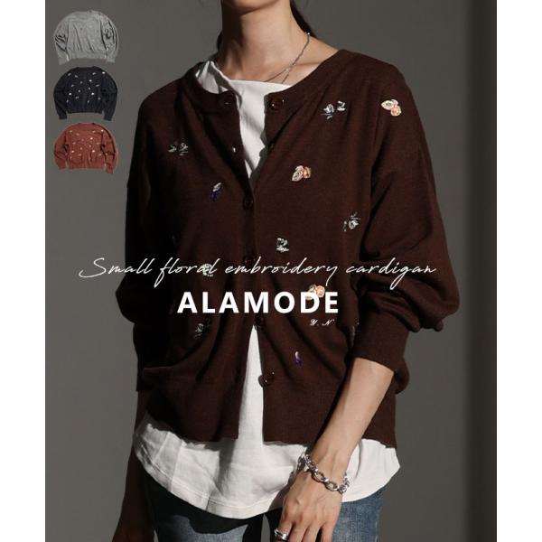 レディース トップス カーディガン ニット 花柄 果物 刺繍 ドット 長袖 ブラック グレー ブラウ...