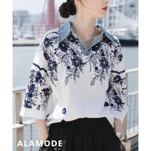 レディース トップス シャツ 体型カバー 花刺繍 異素材切替 キーネック カジュアル 春 夏 春服 夏服 大人可愛い 大人 可愛い 30代 40代 50代 60代 アラモ  爆買