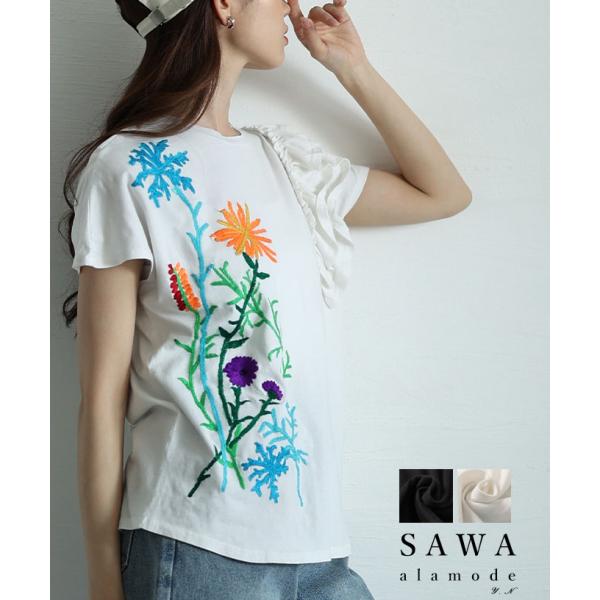 レディース トップス カットソー Tシャツ ブラック 黒 ホワイト 半袖 花柄 刺繍 コットン フリ...