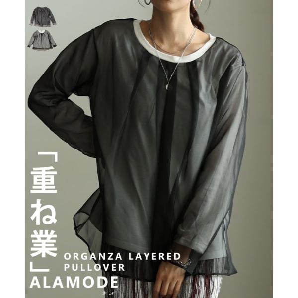 レディース トップス 無地 レイヤード シンプル 春 秋 冬 シアー素材 重ね着 カジュアル 長袖 ...