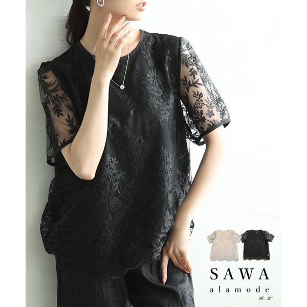 レディース トップス ブラウス ブラック 黒 ベージュ 半袖 刺繍 シアー ボタニカル 花柄 夏 夏...