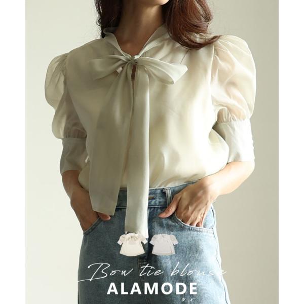 レディース トップス ブラウス シャツ ホワイト ライトグリーン 5分袖 パフスリーブ ボウタイ リ...