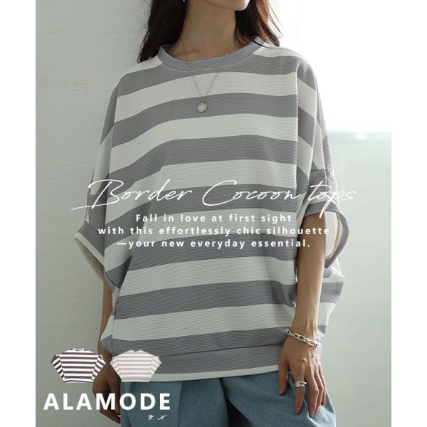 レディース トップス カットソー プルオーバー ブラック 黒 グレー ボーダー柄 半袖 5分袖 ドル...