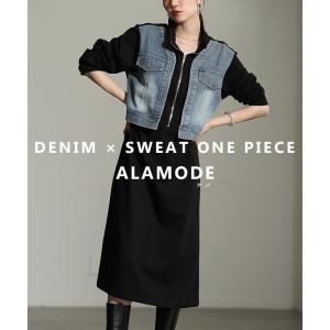 ワンピース レディース 異素材 スウェット デニム ハイネック ハーフジップ 長袖 ロング ブラック 大人可愛い 大人 可愛い 30代 40代 50代 60代 サワアラモード